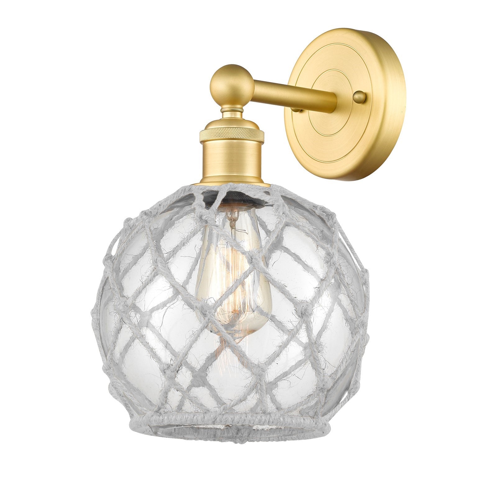Innovations Farmhouse Rope 8in 1-Light Wall Sconce | Industrial Satin Gold Steel and Clear Glass with White Rope | Bathroom & | Model 616-1W-SG-G122-8RW