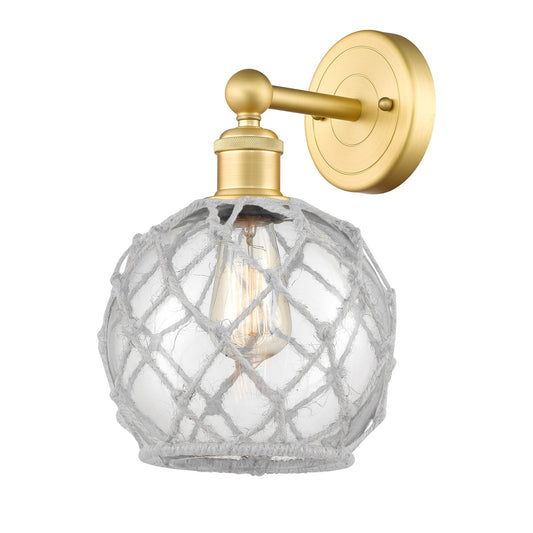 Innovations Farmhouse Rope 8in 1-Light Wall Sconce | Industrial Satin Gold Steel and Clear Glass with White Rope | Bathroom & | Model 616-1W-SG-G122-8RW