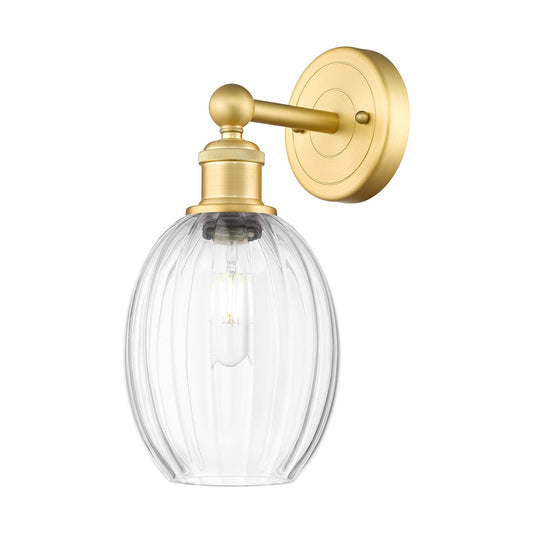Innovations Preston Bulb 6.25in 1-Light Wall Sconce | Industrial Satin Gold Steel and Clear Glass | Bathroom & Hallway Accent | Model 616-1W-SG-G459-6CL