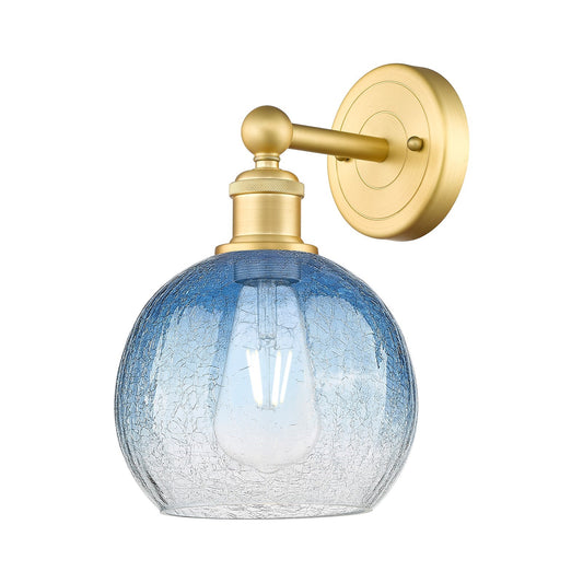 Innovations Brookhaven Globe 8in 1-Light Wall Sconce | Industrial Satin Gold Steel and Sapphire Blue Glass | Living Room & | Model 616-1W-SG-G483-8SB
