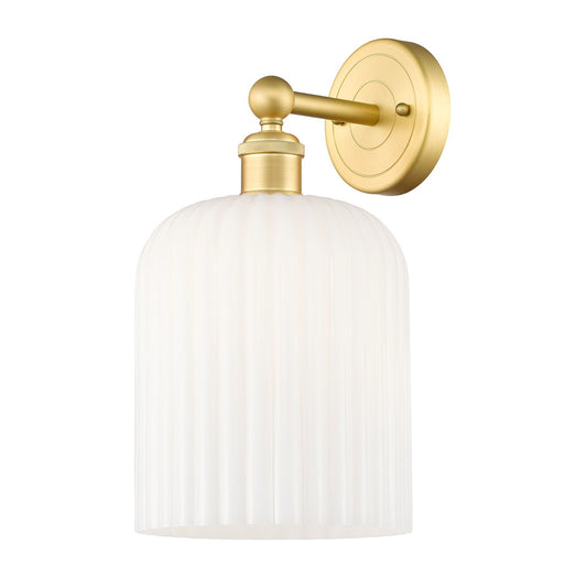 Innovations Bridal Veil 5in 1-Light Wall Sconce | Art Nouveau Satin Gold Steel and Gloss White Ribbed Glass | Bathroom & | Model 616-1W-SG-G559-8GWH