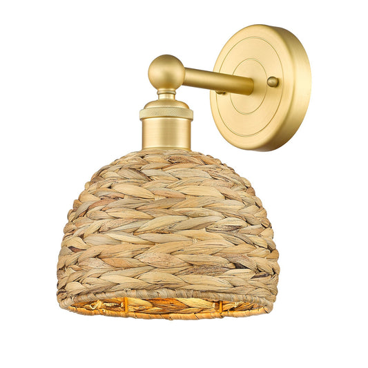 Innovations Woven Rattan 8in 1-Light Wall Sconce | Industrial Satin Gold Steel and Natural Fiber Dome Shade | Living Room & | Model 616-1W-SG-RBD-8-NAT
