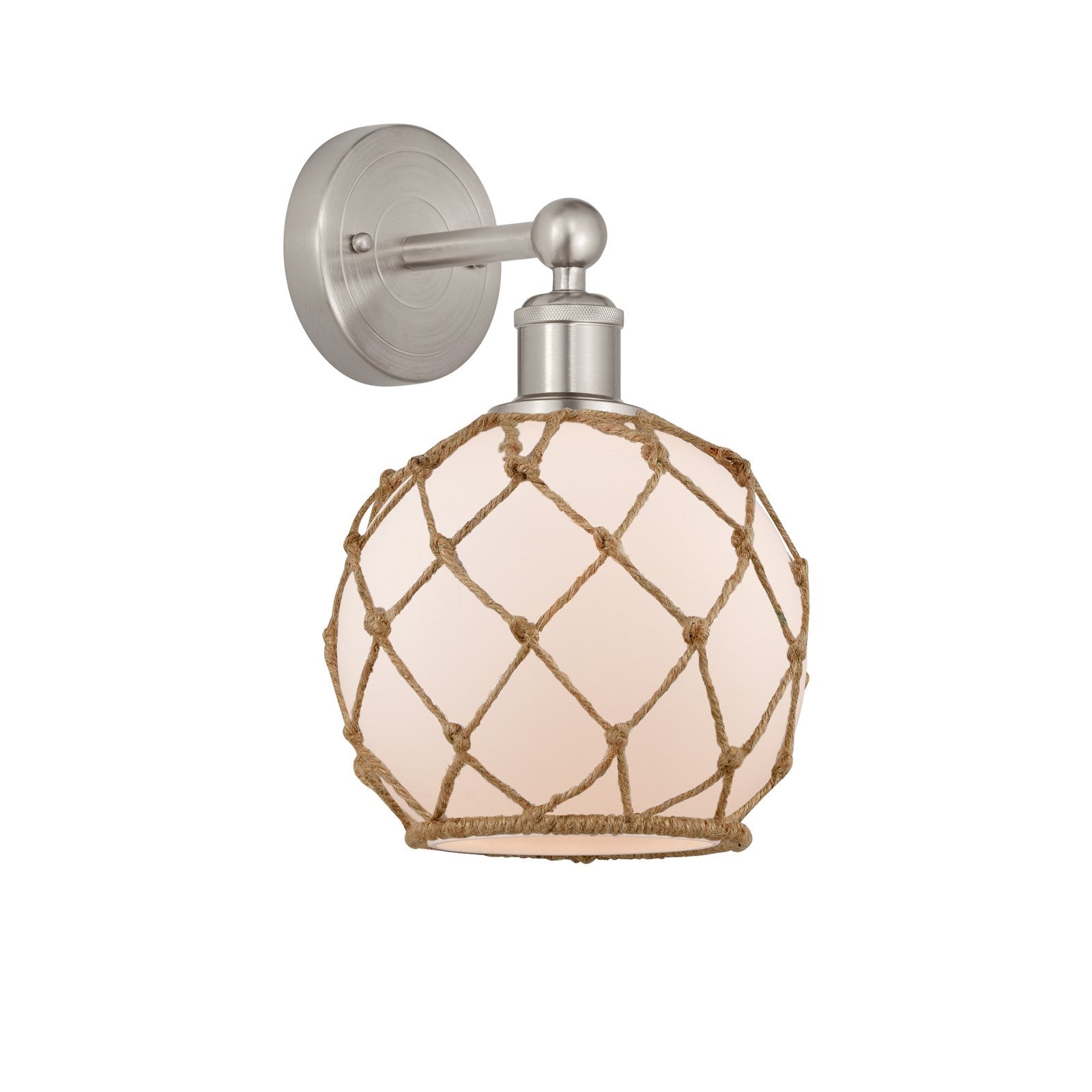Innovations Farmhouse Rope 8in 1-Light Wall Sconce | Industrial Brushed Satin Nickel and White Glass with Brown Rope | Bathroom | Model 616-1W-SN-G121-8RB