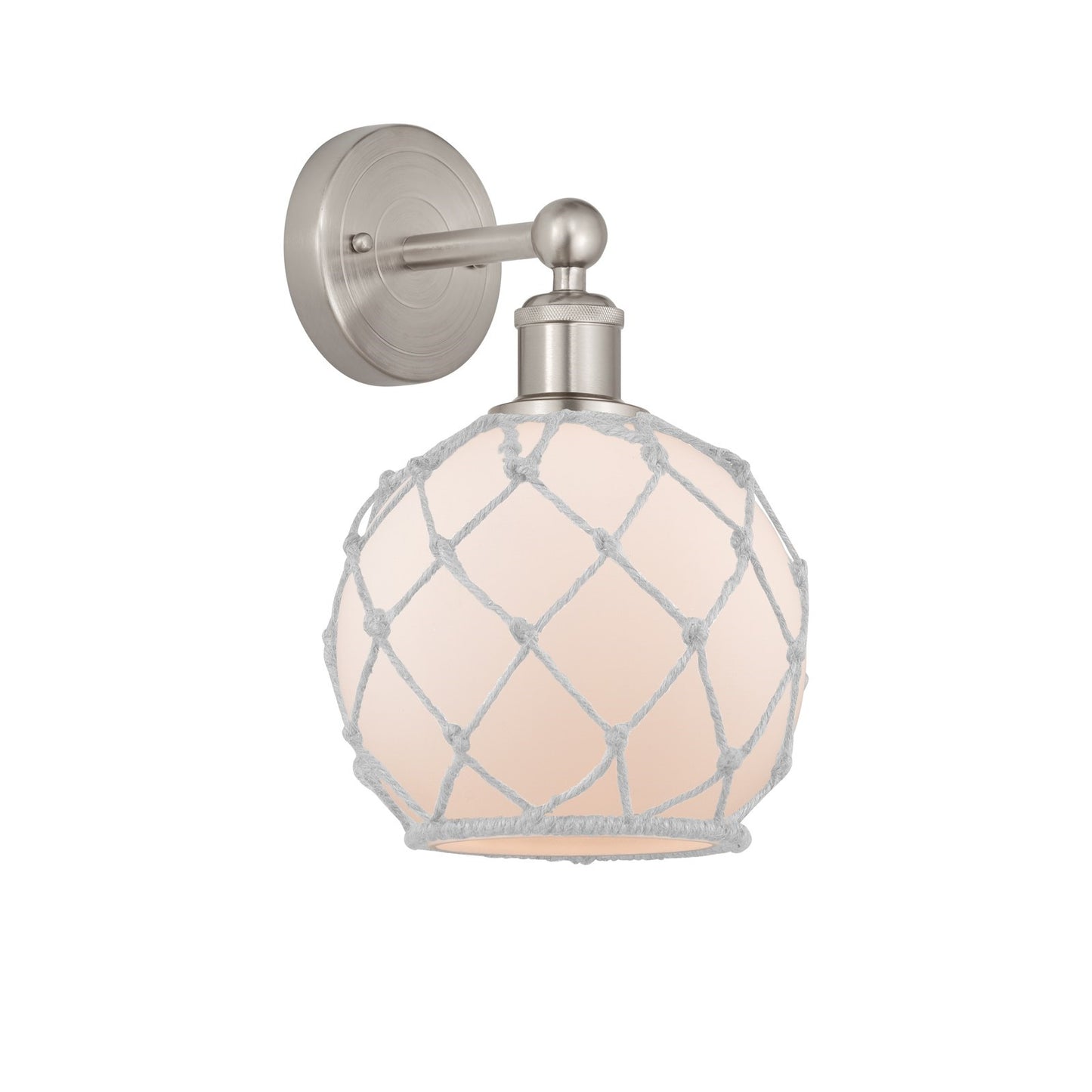 Innovations Farmhouse Rope 8in 1-Light Wall Sconce | Industrial Brushed Satin Nickel and White Frosted Glass with Rope | Model 616-1W-SN-G121-8RW