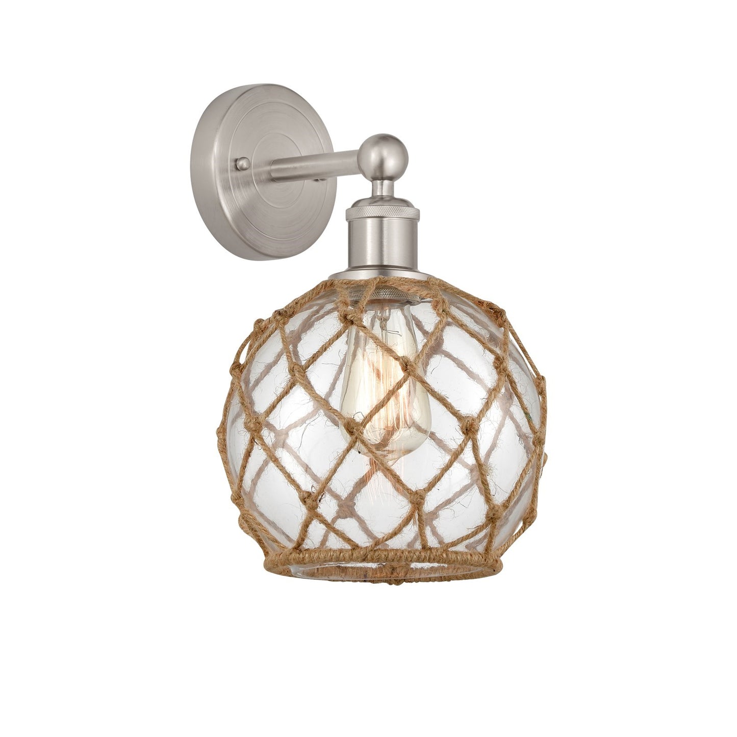 Innovations Farmhouse Rope 8in 1-Light Wall Sconce | Industrial Brushed Satin Nickel Steel and Clear Glass with Brown Rope | Model 616-1W-SN-G122-8RB