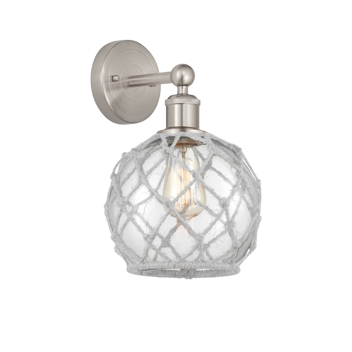 Innovations Farmhouse Rope 8in 1-Light Wall Sconce | Industrial Brushed Satin Nickel Steel and Clear Glass with White Rope | Model 616-1W-SN-G122-8RW