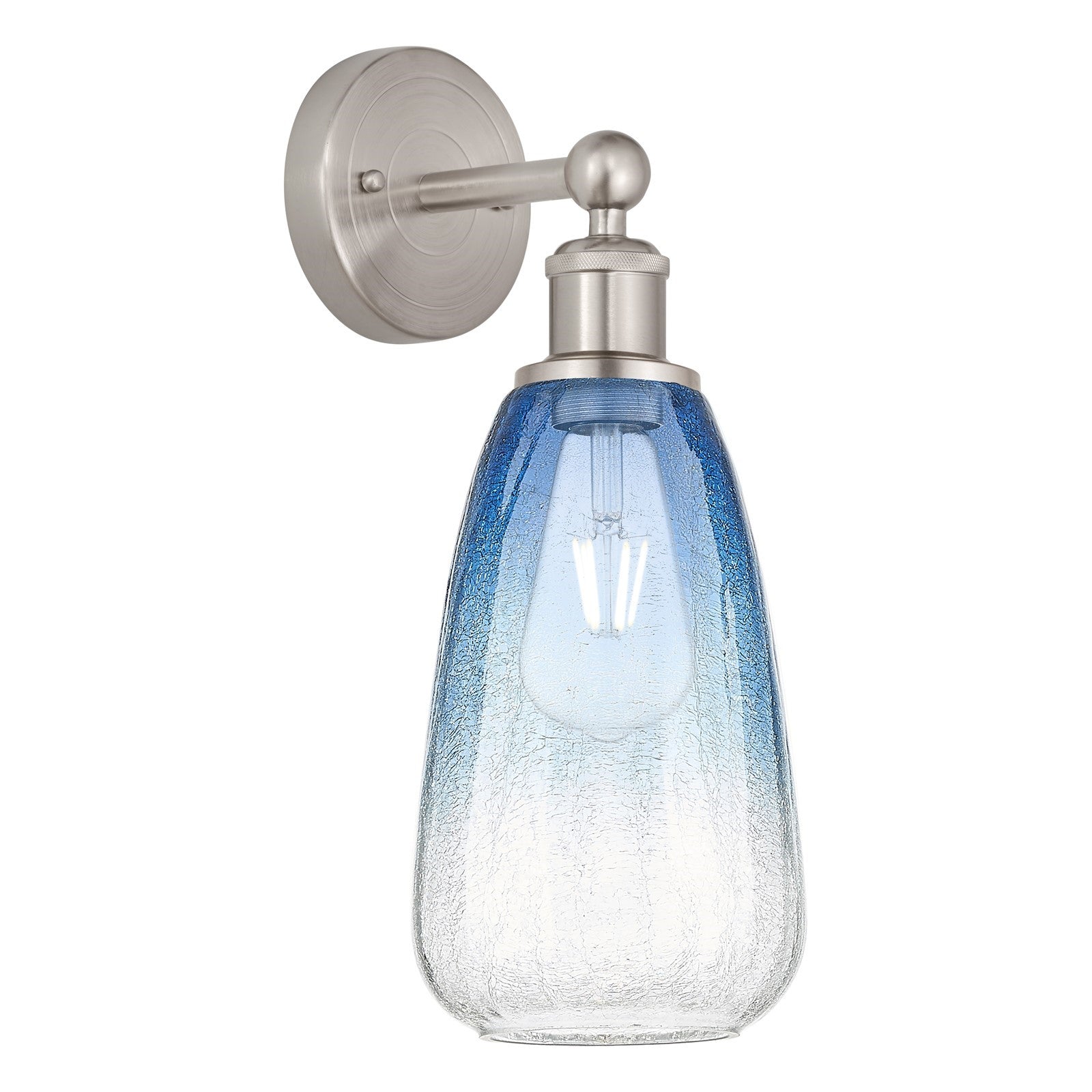 Innovations Brookhaven Almond 6in 1-Light Wall Sconce | Industrial Brushed Satin Nickel Steel and Sapphire Blue Glass | Damp | Model 616-1W-SN-G480-6SB