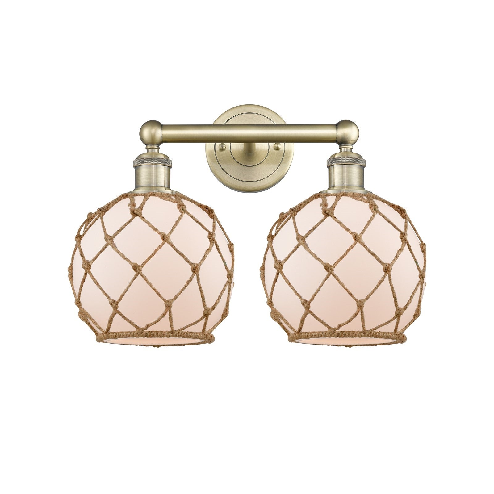 Innovations Farmhouse Rope 17in 2-Light Bath Vanity | Industrial Antique Brass Steel and White Frosted Glass with Brown Rope | Model 616-2W-AB-G121-8RB