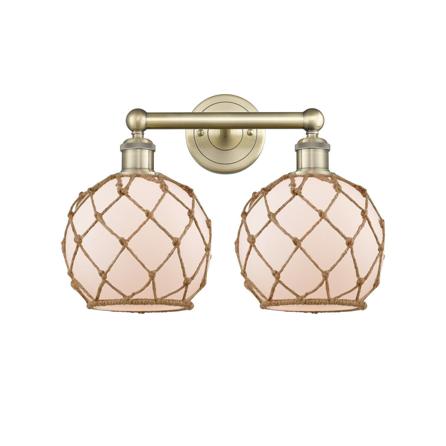 Innovations Farmhouse Rope 17in 2-Light Bath Vanity | Industrial Antique Brass Steel and White Frosted Glass with Brown Rope | Model 616-2W-AB-G121-8RB