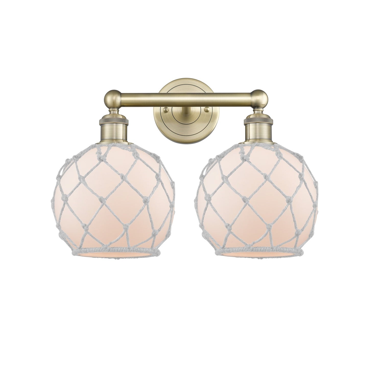 Innovations Farmhouse Rope 17in 2-Light Bath Vanity Light | Industrial Antique Brass Steel and White Frosted Glass Rope Shade | Model 616-2W-AB-G121-8RW