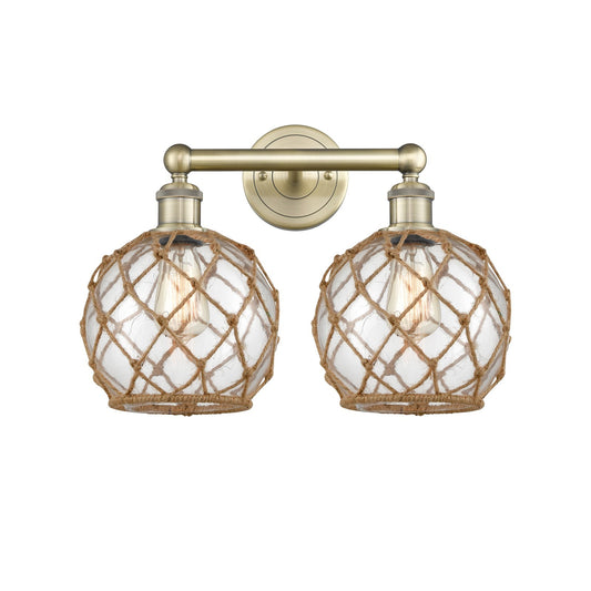 Innovations Farmhouse Rope 17in 2-Light Bath Vanity Light | Industrial Antique Brass Steel and Clear Glass with Brown Rope | Model 616-2W-AB-G122-8RB