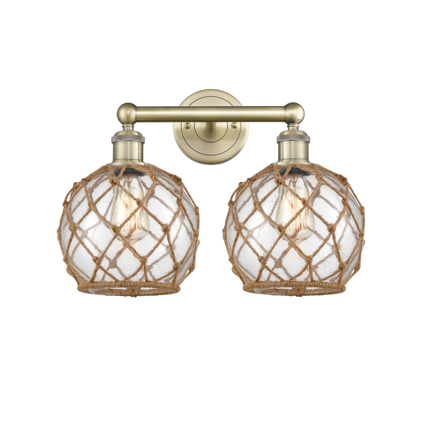 Innovations Farmhouse Rope 17in 2-Light Bath Vanity Light | Industrial Antique Brass Steel and Clear Glass with Brown Rope | Model 616-2W-AB-G122-8RB