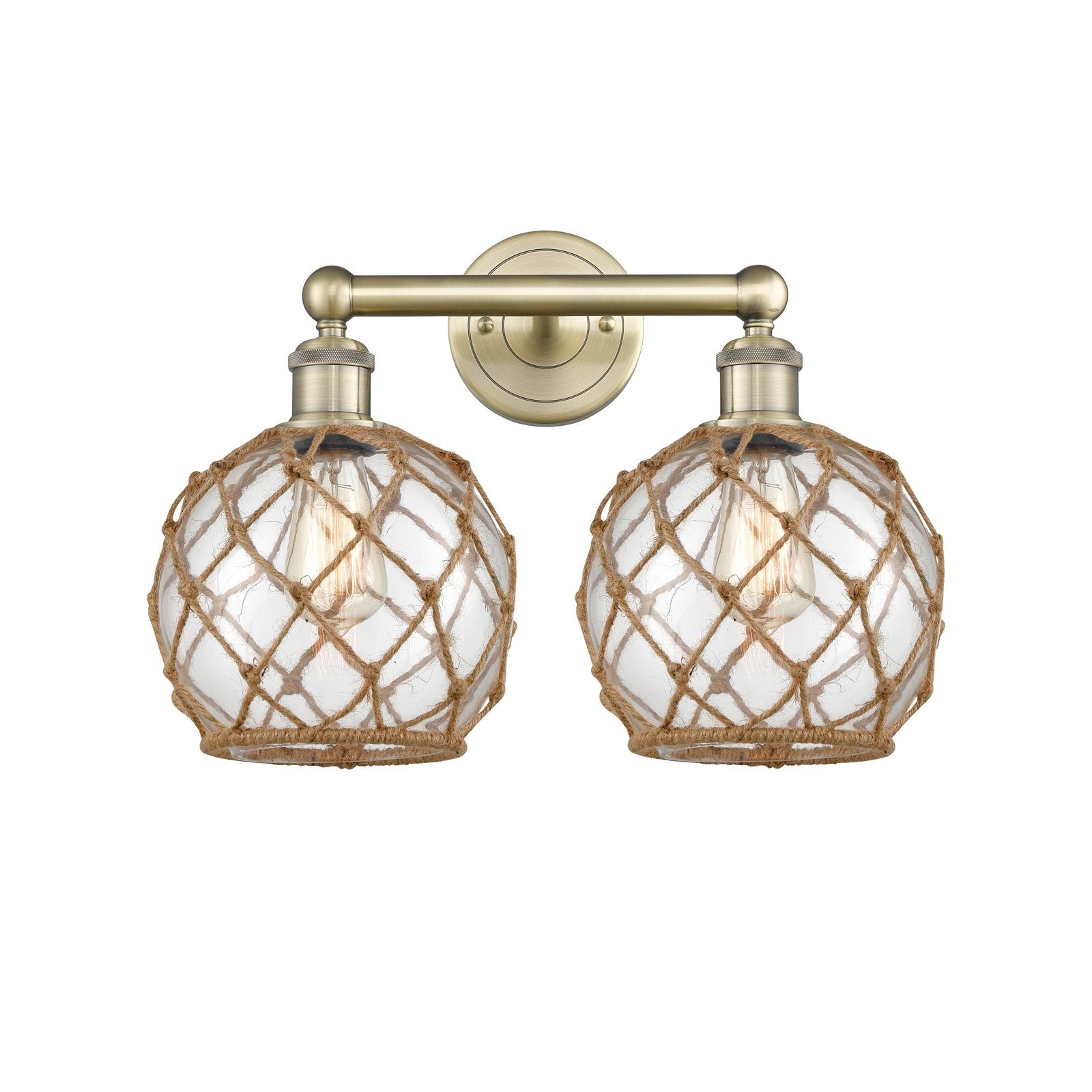 Innovations Farmhouse Rope 17in 2-Light Bath Vanity Light | Industrial Antique Brass Steel and Clear Glass with Brown Rope | Model 616-2W-AB-G122-8RB