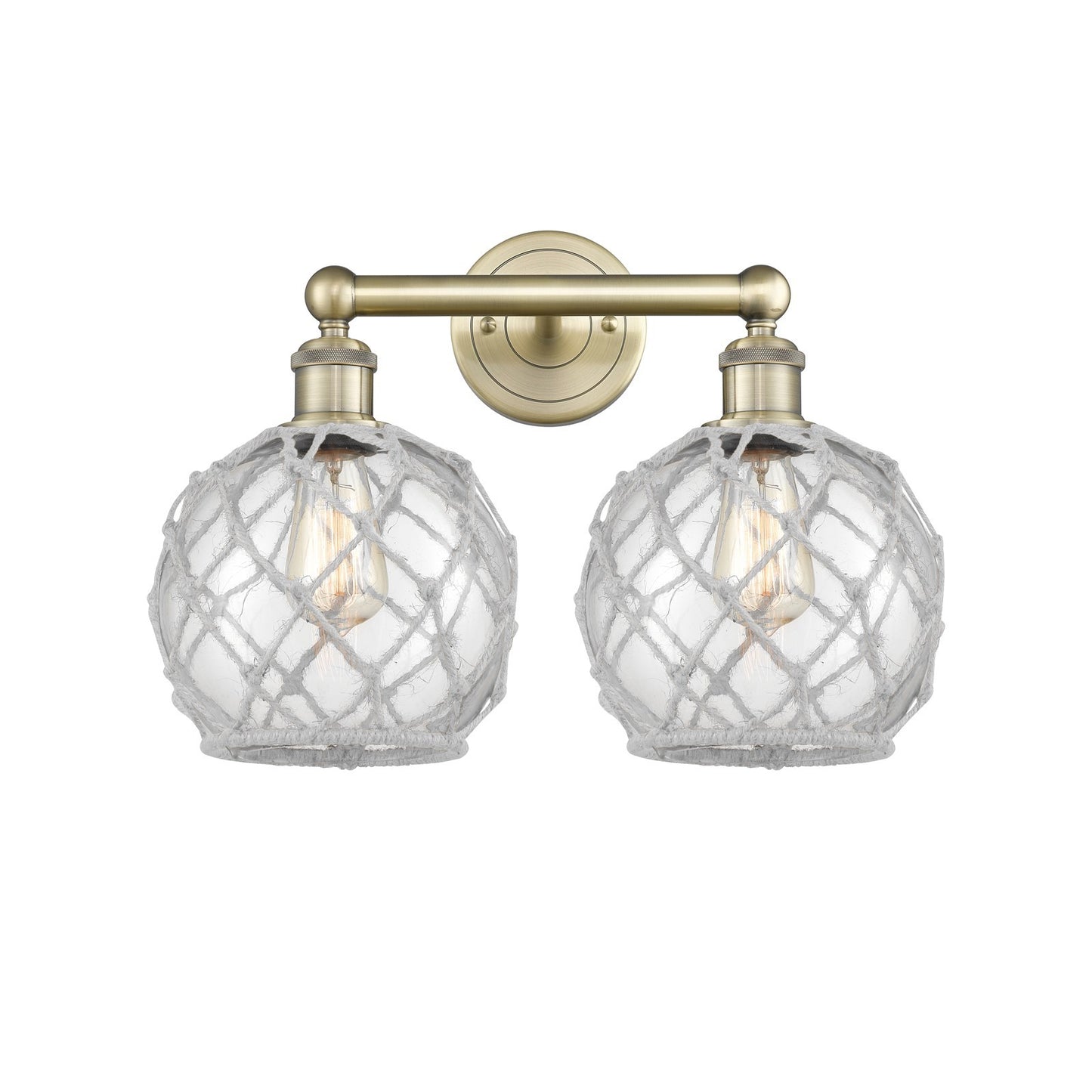 Innovations Farmhouse Rope 17in 2-Light Bath Vanity | Industrial Antique Brass Steel and Clear Glass with White Rope | Bathroom | Model 616-2W-AB-G122-8RW