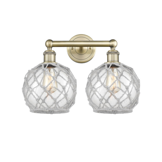 Innovations Farmhouse Rope 17in 2-Light Bath Vanity | Industrial Antique Brass Steel and Clear Glass with White Rope | Bathroom | Model 616-2W-AB-G122-8RW