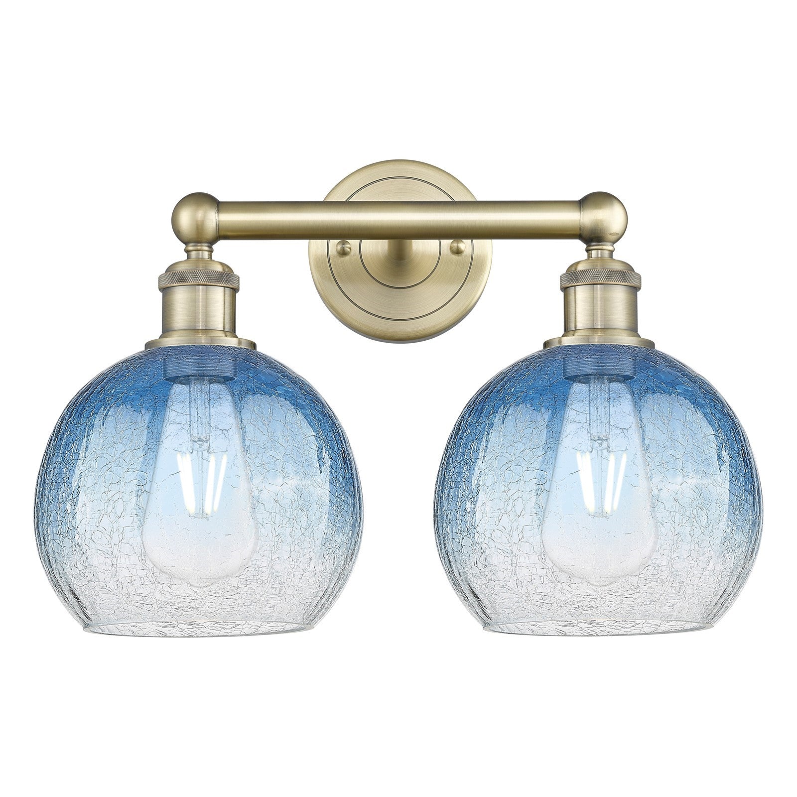 Innovations Brookhaven Globe 17in 2-Light Bath Vanity | Industrial Antique Brass Steel and Sapphire Blue Glass | Bathroom & | Model 616-2W-AB-G483-8SB