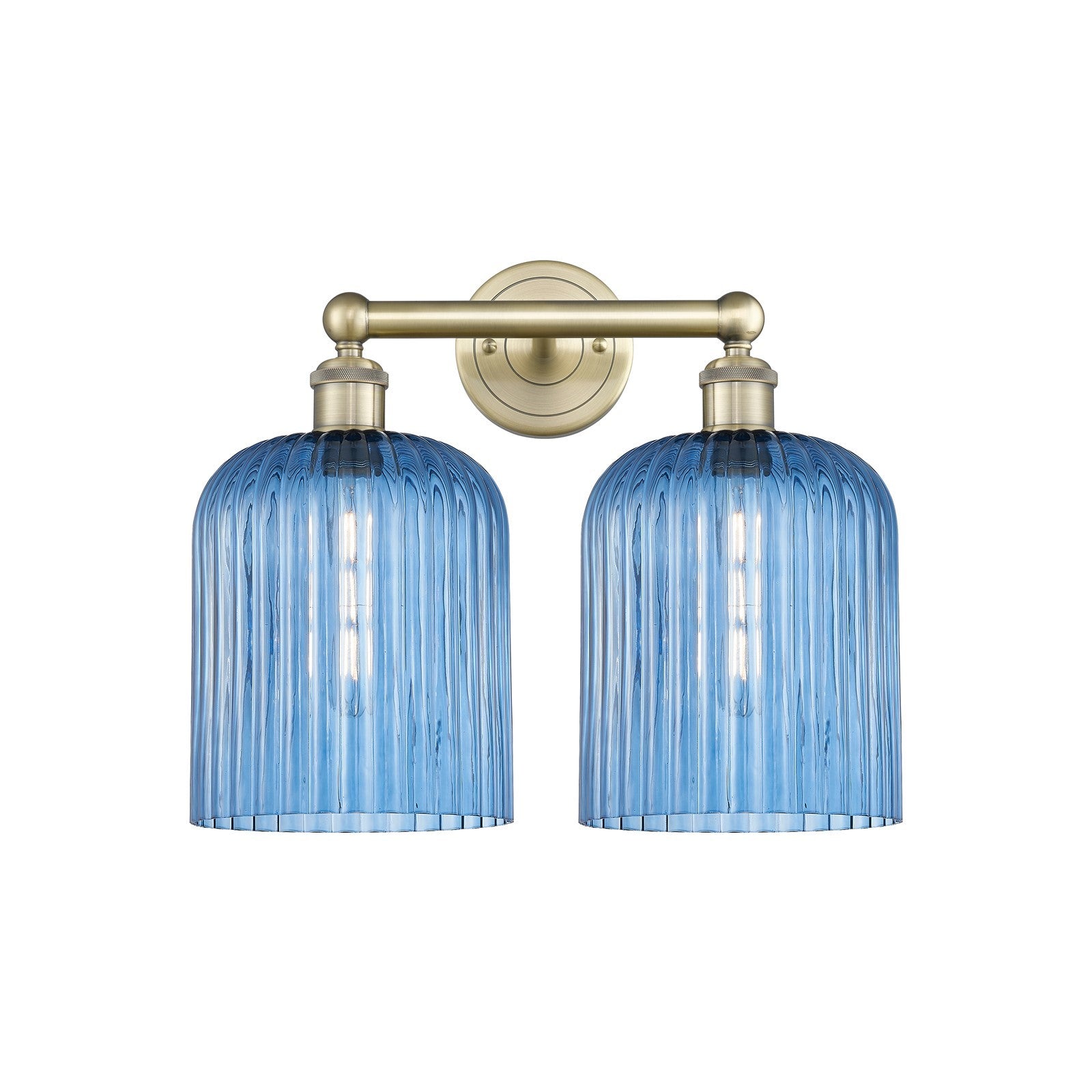 Innovations Bridal Veil 14in 2-Light Bath Vanity | Art Nouveau Antique Brass Steel and Princess Blue Ribbed Glass | Bathroom & | Model 616-2W-AB-G559-8BL