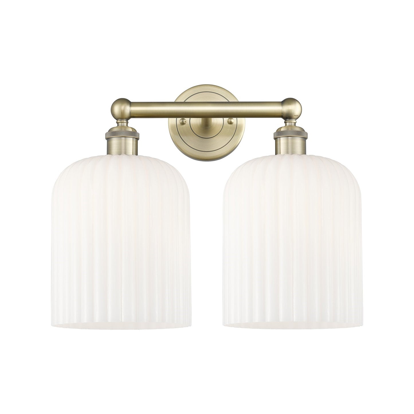 Innovations Bridal Veil 14in 2-Light Bath Vanity | Art Nouveau Industrial Antique Brass and Gloss White Ribbed Glass | Model 616-2W-AB-G559-8GWH