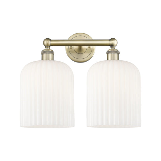 Innovations Bridal Veil 14in 2-Light Bath Vanity | Art Nouveau Industrial Antique Brass and Gloss White Ribbed Glass | Model 616-2W-AB-G559-8GWH