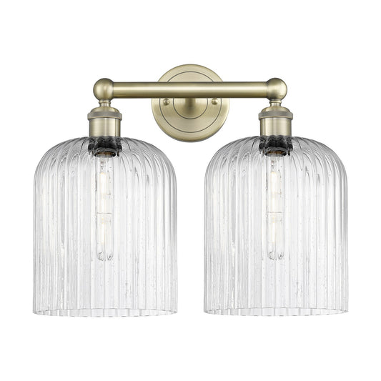 Innovations Bridal Veil 14in 2-Light Bath Vanity Light | Art Nouveau Antique Brass Steel and Seedy Ribbed Glass | Bathroom | Model 616-2W-AB-G559-8SDY