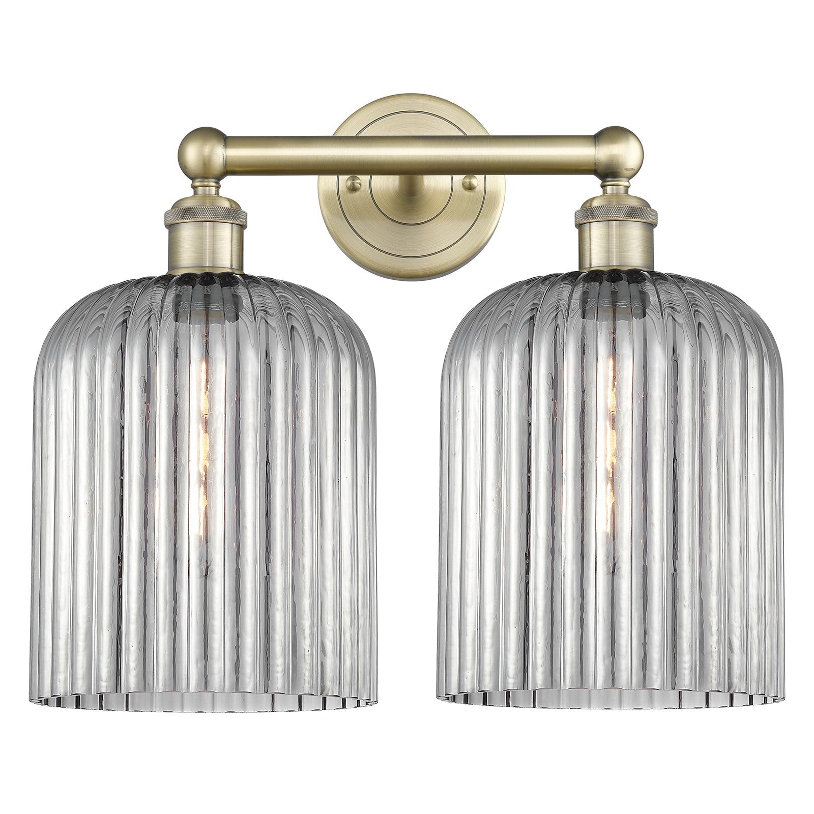 Innovations Bridal Veil 14in 2-Light Bath Vanity | Art Nouveau Antique Brass Steel and Light Smoke Ribbed Glass | Bathroom | Model 616-2W-AB-G559-8SM