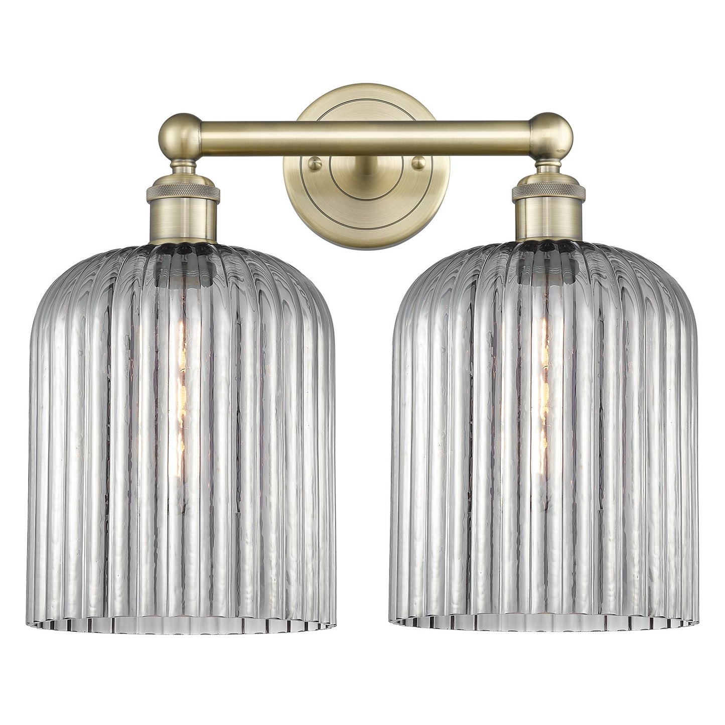 Innovations Bridal Veil 14in 2-Light Bath Vanity | Art Nouveau Antique Brass Steel and Light Smoke Ribbed Glass | Bathroom | Model 616-2W-AB-G559-8SM