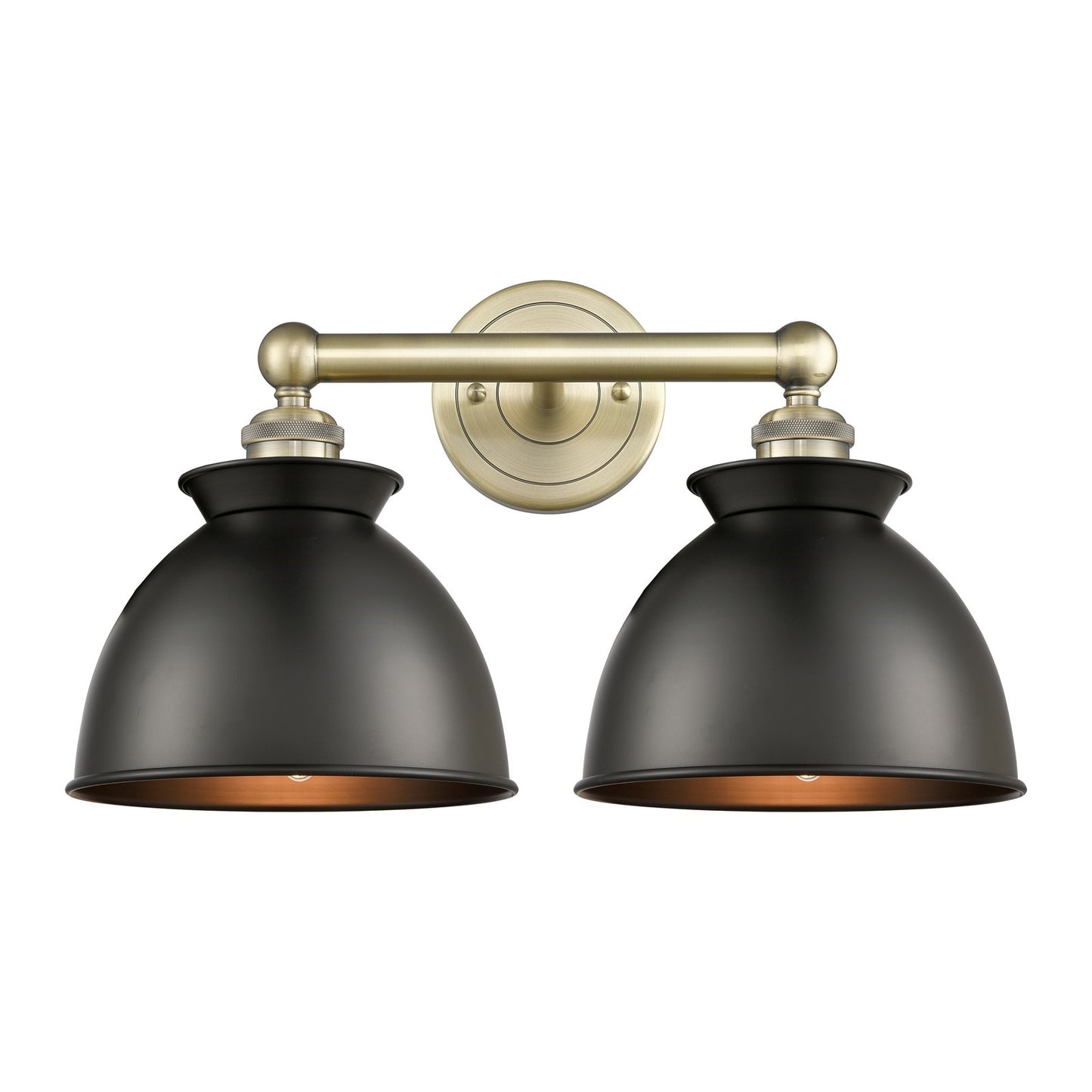 Innovations Adirondack 17in 2-Light Bath Vanity | Industrial Farmhouse Antique Brass and Matte Black Metal Shade | Bathroom | Model 616-2W-AB-M14-BK