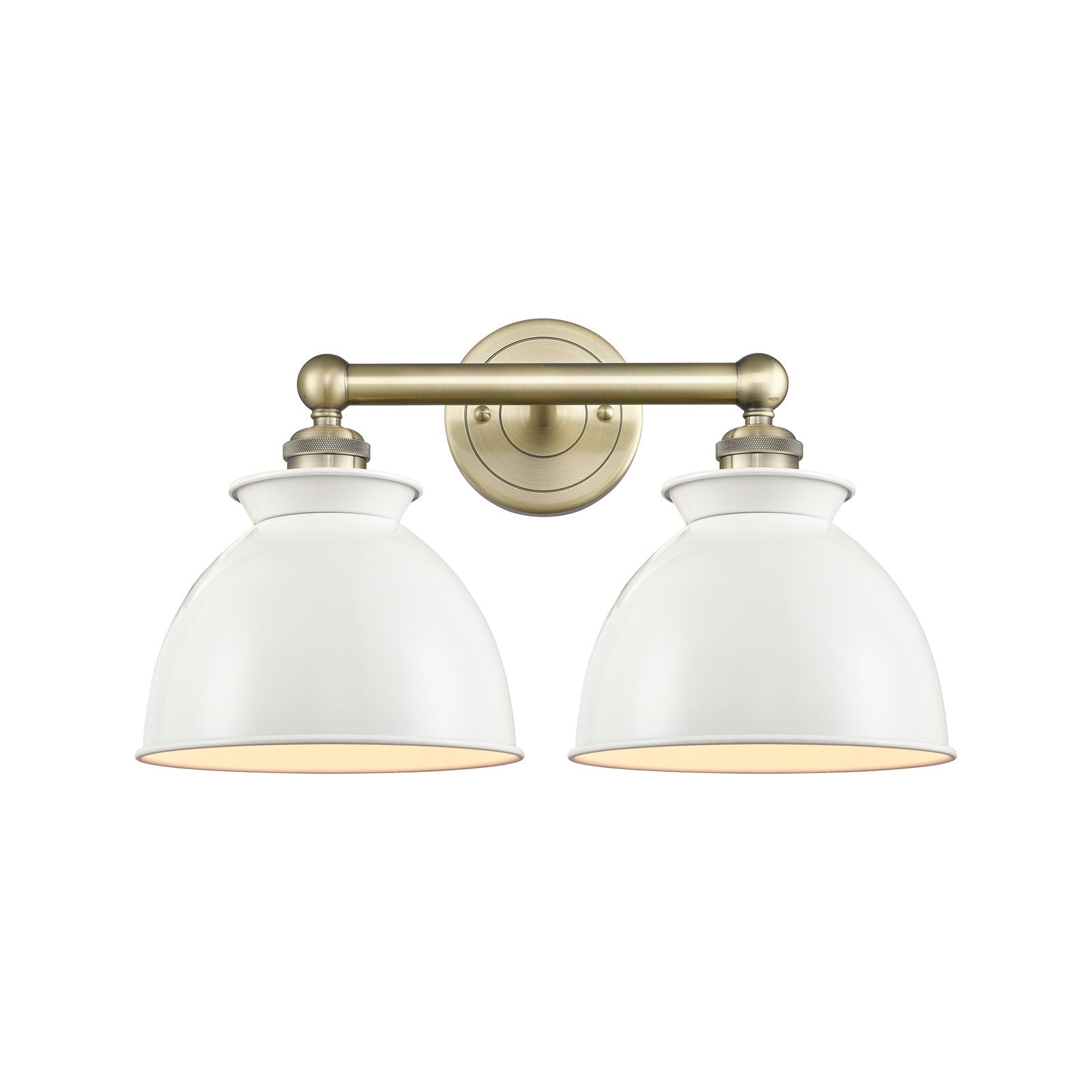 Innovations Adirondack 17in 2-Light Bath Vanity | Industrial Farmhouse Antique Brass and Glossy White Metal Shade | Bathroom | Model 616-2W-AB-M14-W