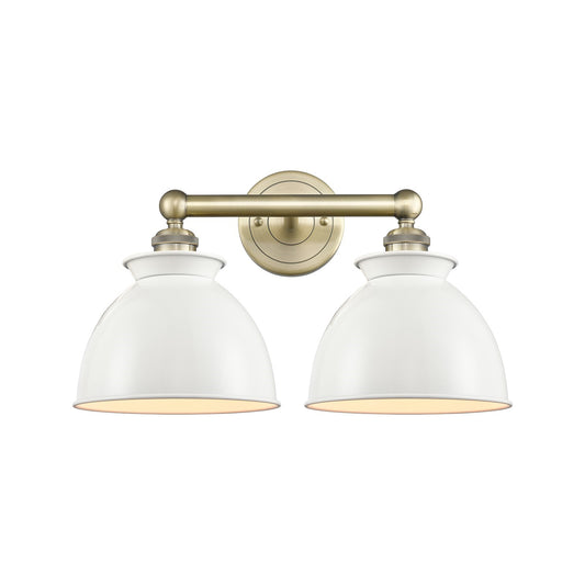 Innovations Adirondack 17in 2-Light Bath Vanity | Industrial Farmhouse Antique Brass and Glossy White Metal Shade | Bathroom | Model 616-2W-AB-M14-W
