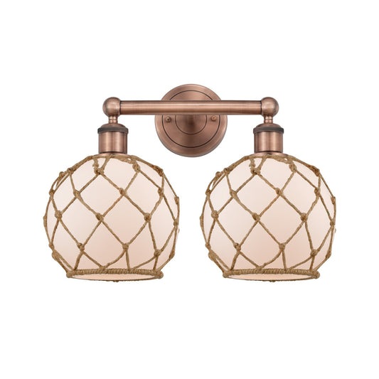 Innovations Farmhouse Rope 17in 2-Light Bath Vanity | Industrial Antique Copper Steel and White Glass with Brown Rope | Model 616-2W-AC-G121-8RB