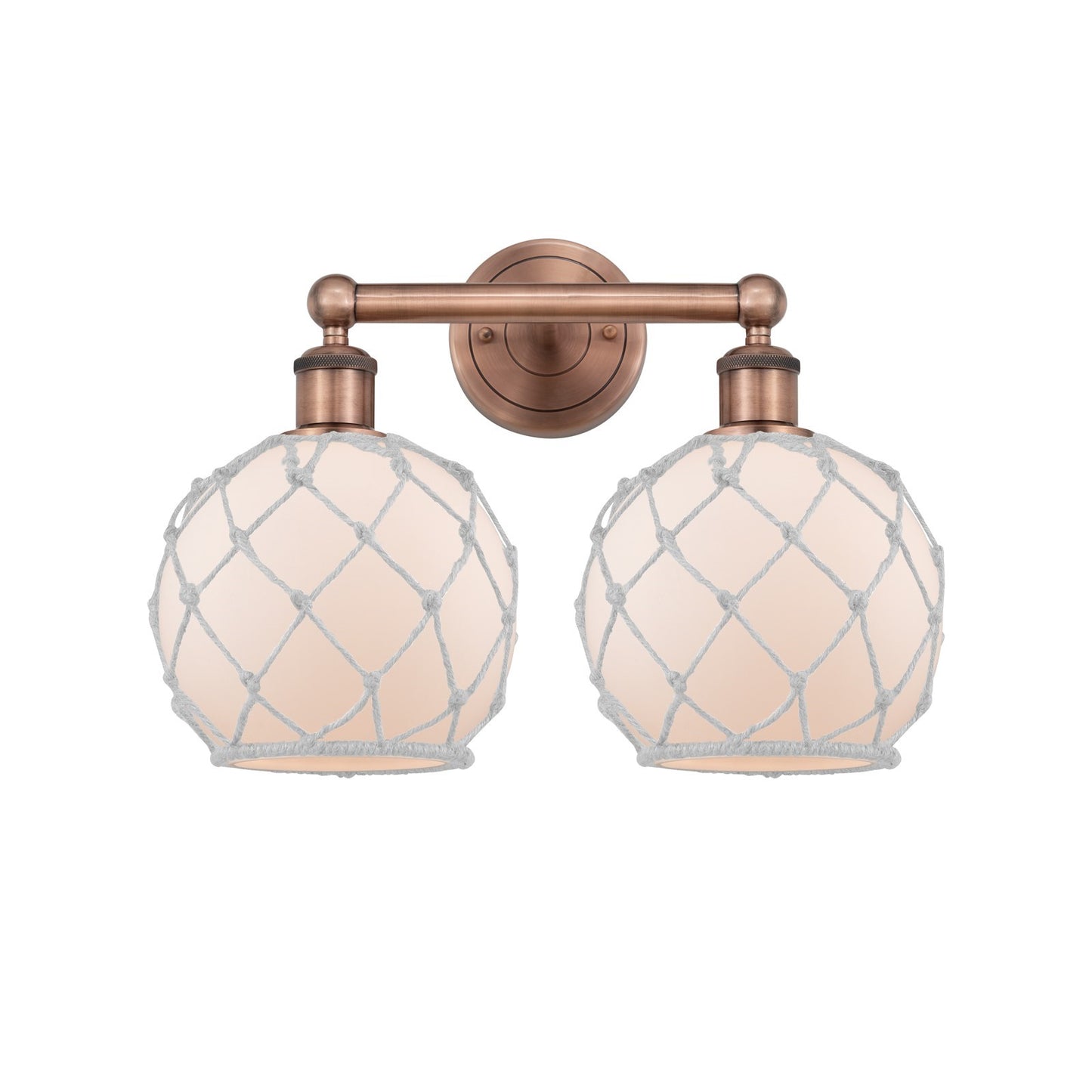 Innovations Farmhouse Rope 17in 2-Light Bath Vanity Light | Industrial Antique Copper Steel and White Frosted Glass with Rope | Model 616-2W-AC-G121-8RW
