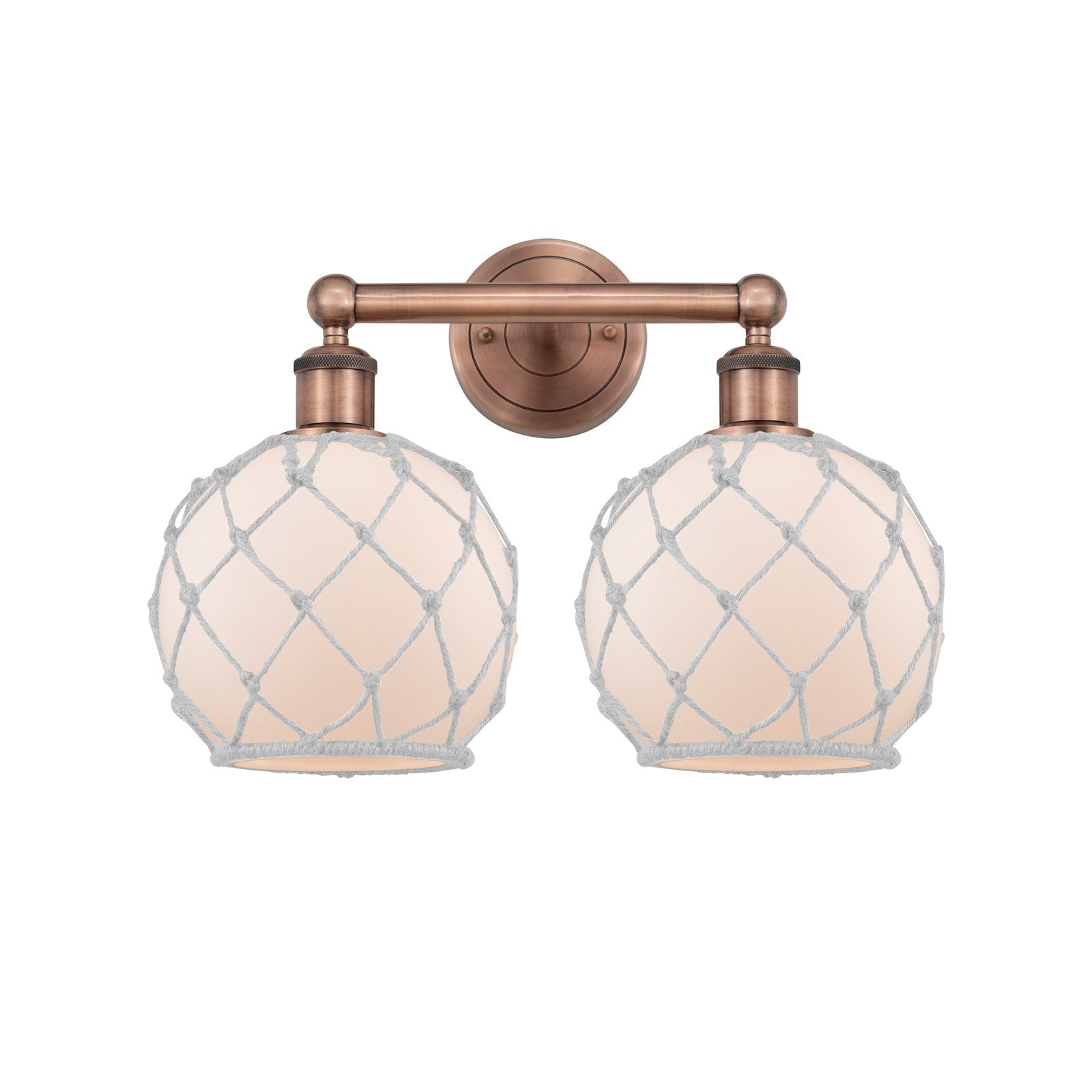 Innovations Farmhouse Rope 17in 2-Light Bath Vanity Light | Industrial Antique Copper Steel and White Frosted Glass with Rope | Model 616-2W-AC-G121-8RW