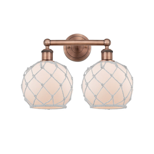 Innovations Farmhouse Rope 17in 2-Light Bath Vanity Light | Industrial Antique Copper Steel and White Frosted Glass with Rope | Model 616-2W-AC-G121-8RW