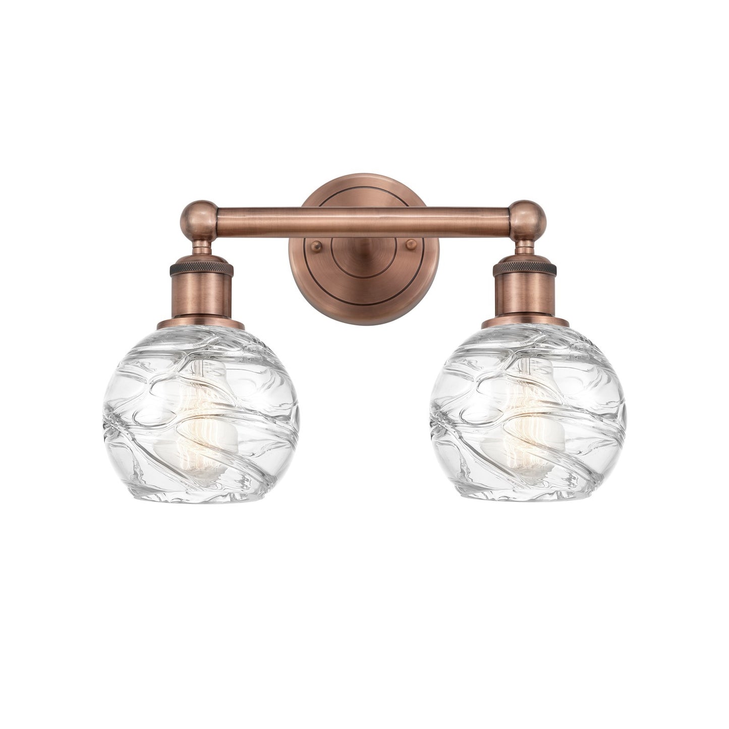 Innovations Athens Deco Swirl 15in 2-Light Bath Vanity Light | Industrial Antique Copper and Clear Glass | Damp Rated Bathroom | Model 616-2W-AC-G1213-6CL