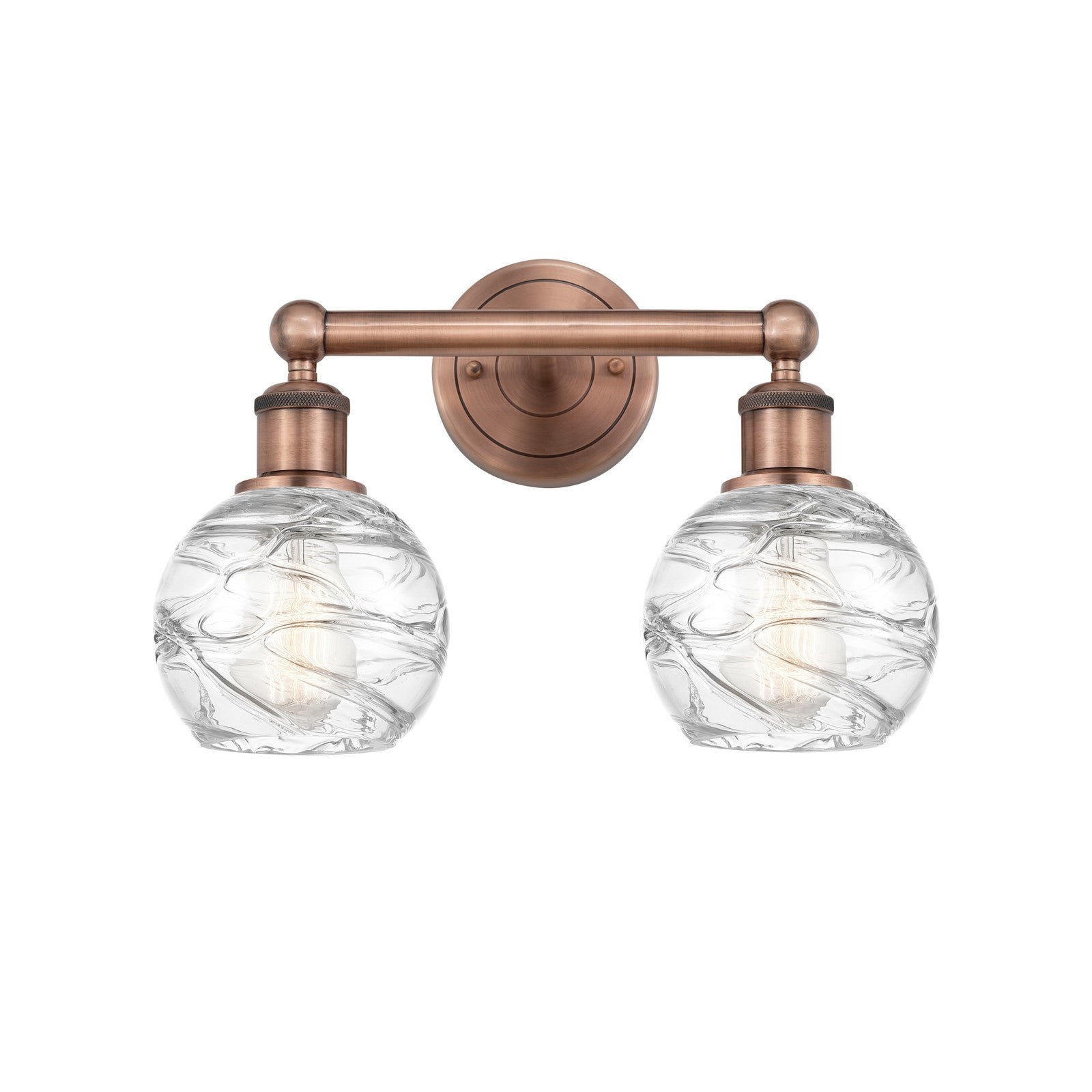 Innovations Athens Deco Swirl 15in 2-Light Bath Vanity Light | Industrial Antique Copper and Clear Glass | Damp Rated Bathroom | Model 616-2W-AC-G1213-6CL