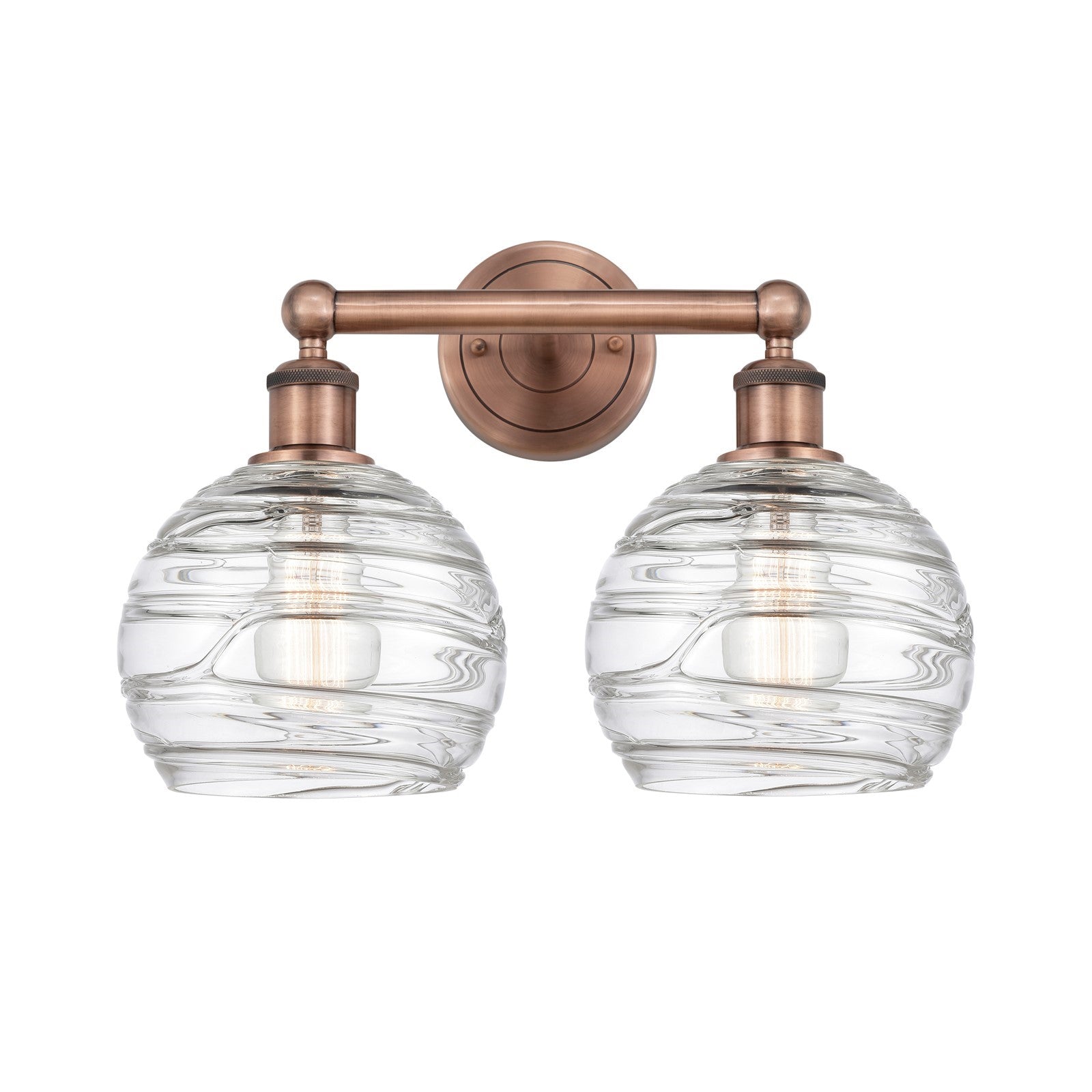 Innovations Athens Deco Swirl 17in 2-Light Bath Vanity Light | Industrial Antique Copper and Clear Deco Swirl Glass | Bathroom | Model 616-2W-AC-G1213-8CL