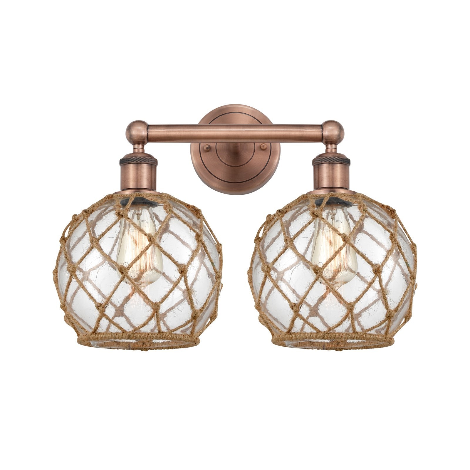 Innovations Farmhouse Rope 17in 2-Light Bath Vanity Light | Industrial Antique Copper Steel and Clear Glass with Brown Rope | Model 616-2W-AC-G122-8RB