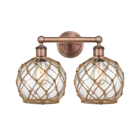 Innovations Farmhouse Rope 17in 2-Light Bath Vanity Light | Industrial Antique Copper Steel and Clear Glass with Brown Rope | Model 616-2W-AC-G122-8RB