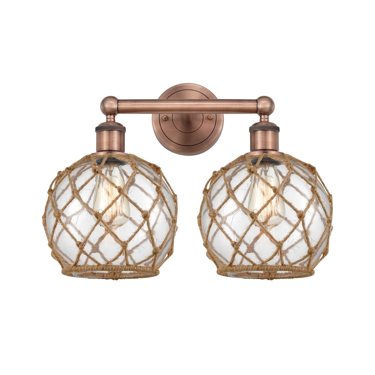 Innovations Farmhouse Rope 17in 2-Light Bath Vanity Light | Industrial Antique Copper Steel and Clear Glass with Brown Rope | Model 616-2W-AC-G122-8RB