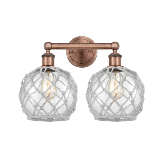 Innovations Farmhouse Rope 17in 2-Light Bath Vanity Light | Industrial Antique Copper Steel and Clear Glass with White Rope | Model 616-2W-AC-G122-8RW