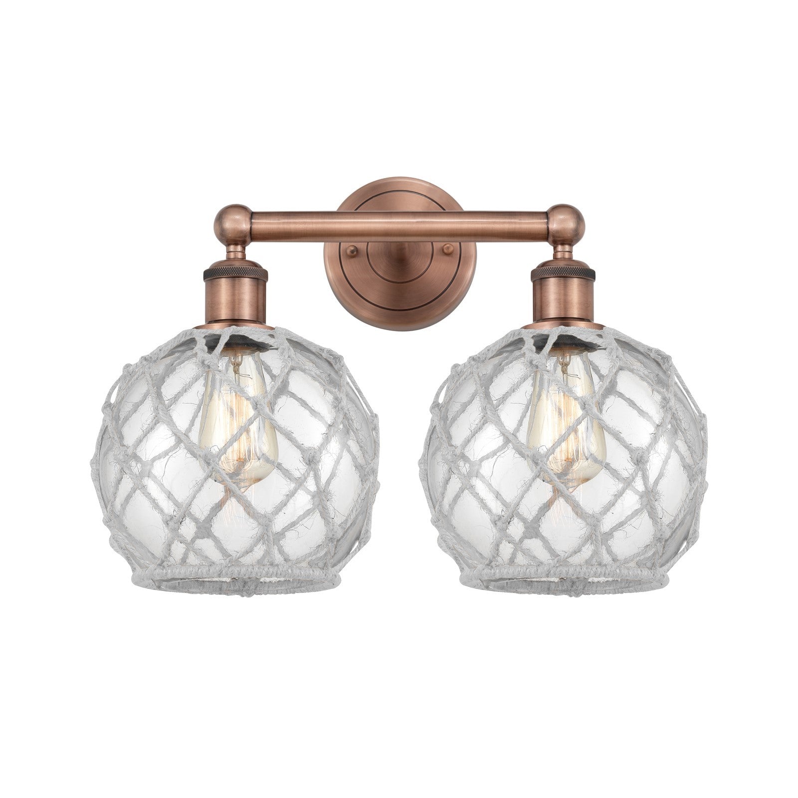 Innovations Farmhouse Rope 17in 2-Light Bath Vanity Light | Industrial Antique Copper Steel and Clear Glass with White Rope | Model 616-2W-AC-G122-8RW