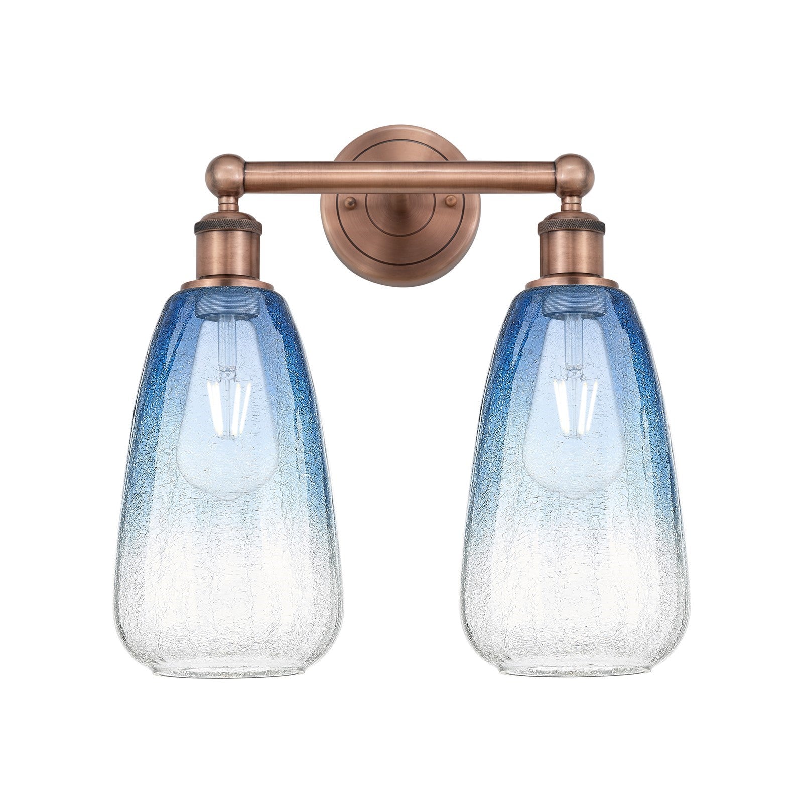 Innovations Brookhaven Almond 15in 2-Light Bath Vanity Light | Industrial Antique Copper Steel and Sapphire Blue Glass | Model 616-2W-AC-G480-6SB
