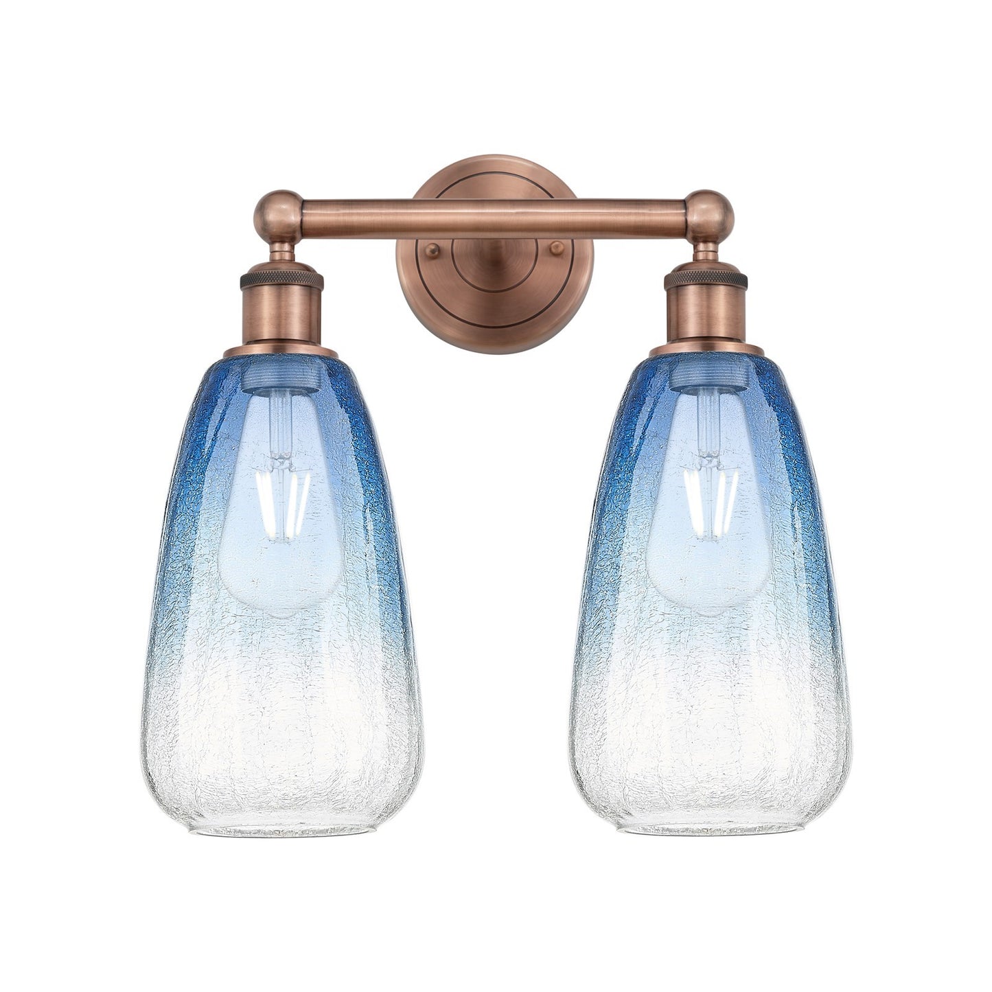 Innovations Brookhaven Almond 15in 2-Light Bath Vanity Light | Industrial Antique Copper Steel and Sapphire Blue Glass | Model 616-2W-AC-G480-6SB