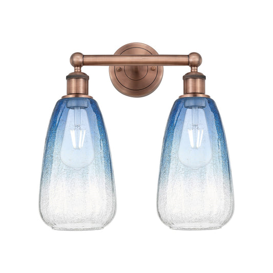 Innovations Brookhaven Almond 15in 2-Light Bath Vanity Light | Industrial Antique Copper Steel and Sapphire Blue Glass | Model 616-2W-AC-G480-6SB