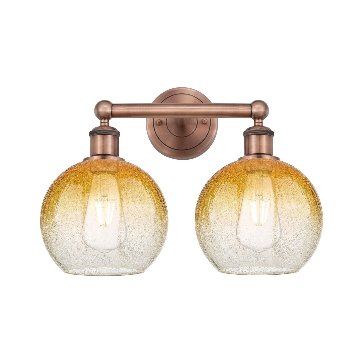 Innovations Brookhaven Globe 17in 2-Light Bath Vanity Light | Industrial Antique Copper and Amber Glass | Damp Rated Bathroom | Model 616-2W-AC-G483-8AM