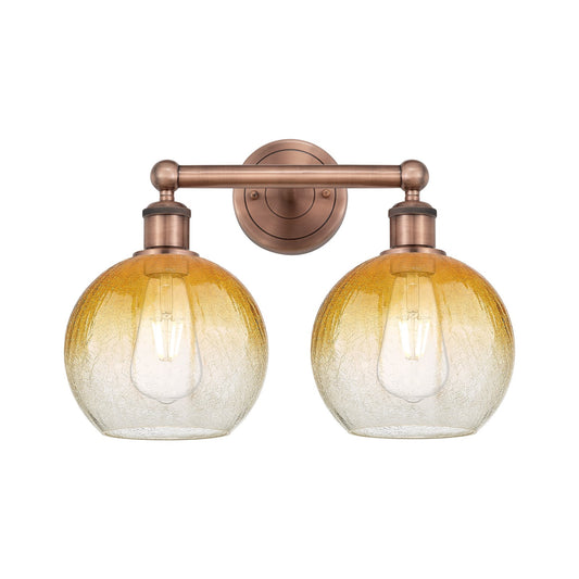 Innovations Brookhaven Globe 17in 2-Light Bath Vanity Light | Industrial Antique Copper and Amber Glass | Damp Rated Bathroom | Model 616-2W-AC-G483-8AM