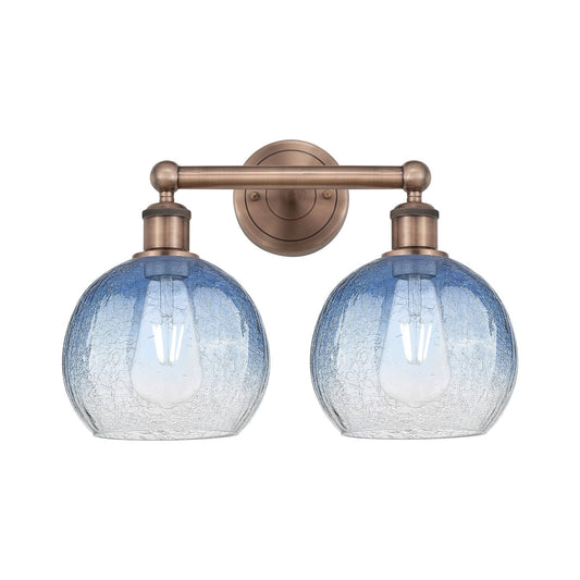 Innovations Brookhaven Globe 17in 2-Light Bath Vanity Light | Industrial Antique Copper Steel and Sapphire Blue Glass | Damp | Model 616-2W-AC-G483-8SB