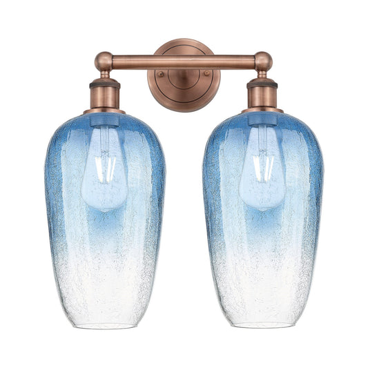 Innovations Brookhaven Flute 16in 2-Light Bath Vanity Light | Industrial Antique Copper Steel and Sapphire Blue Glass | Model 616-2W-AC-G484-7SB