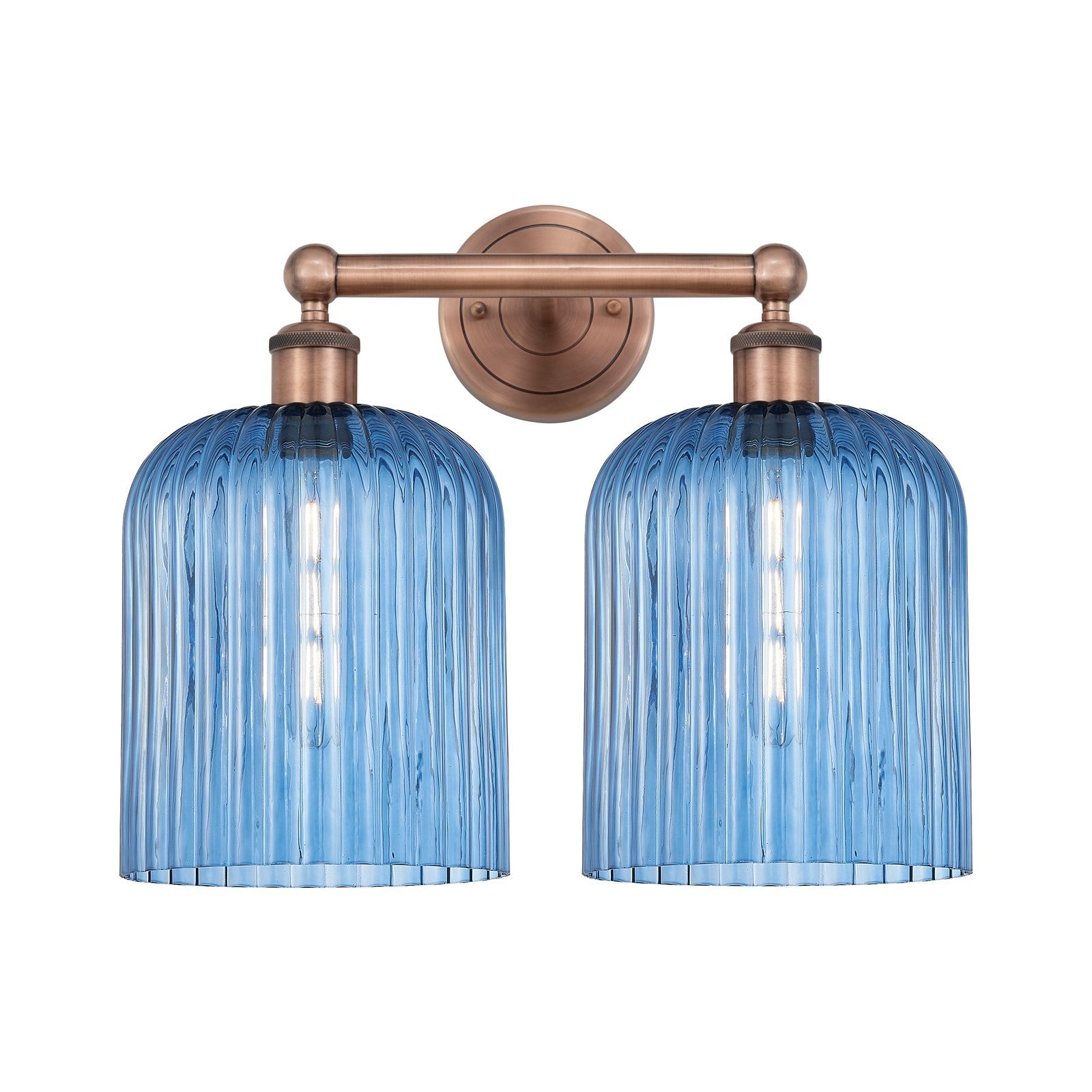 Innovations Bridal Veil 14in 2-Light Bath Vanity Light | Art Nouveau Antique Copper and Princess Blue Ribbed Glass | Bathroom | Model 616-2W-AC-G559-8BL