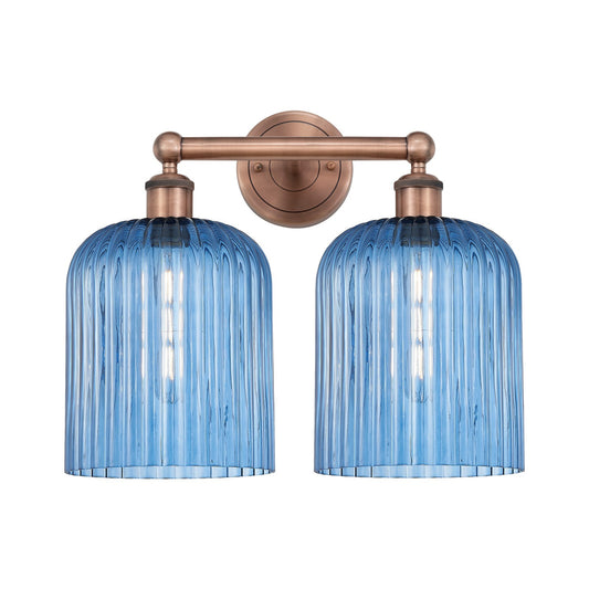 Innovations Bridal Veil 14in 2-Light Bath Vanity Light | Art Nouveau Antique Copper and Princess Blue Ribbed Glass | Bathroom | Model 616-2W-AC-G559-8BL